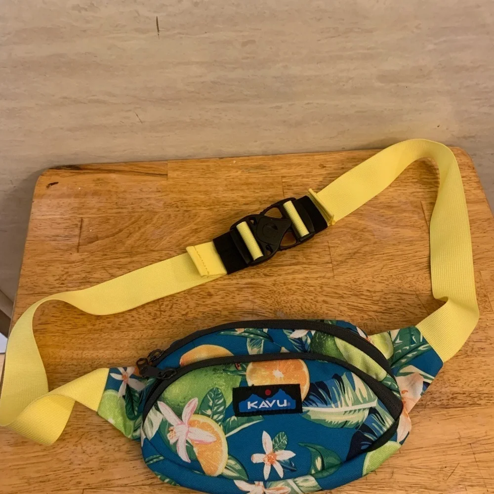 KAVU Tropical Print Waist Bag with Yellow Strap